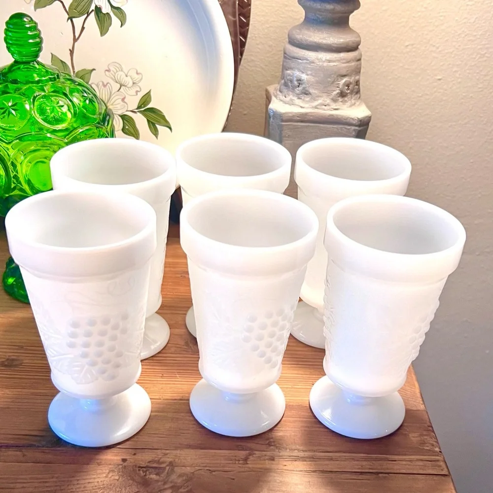 Vintage White Milk Glass Harvest Grape Pedestal Goblets Set of 5